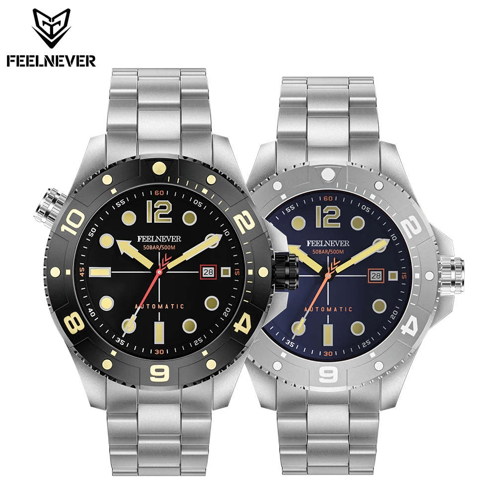 FeelNever Profession Dive Sport Mechanical Watches 316L Stainless Steel Sapphire Crystal 50Bar Auto Date Wristwatch reloj hombre