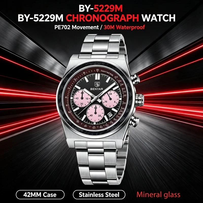 BENYAR Men Chronograph Quartz Watch 42MM Racing Sport Wristwatch Carbon Fiber Bezel Stainless Steel Luminous Male Calendar Watch