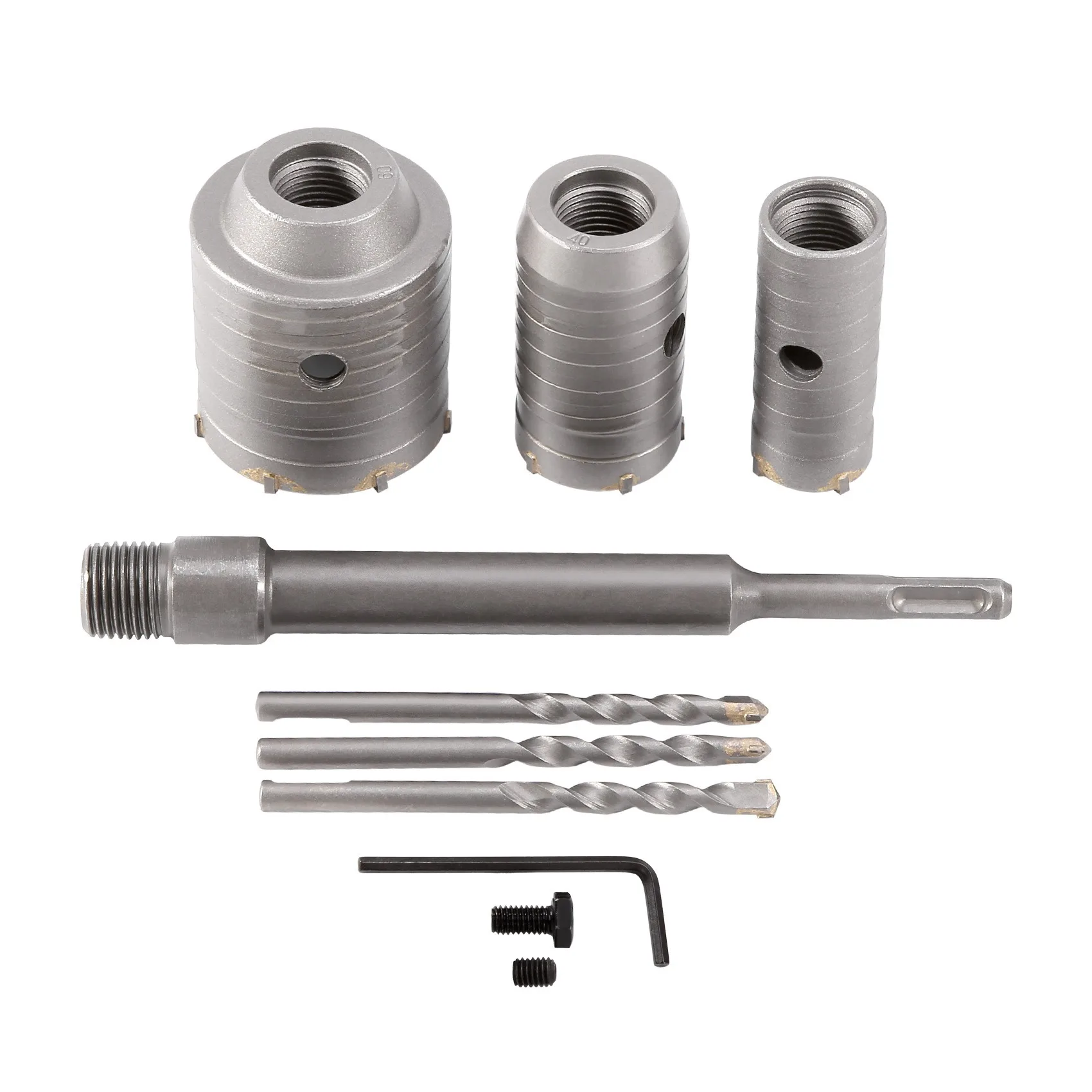 Concrete Hole Saw Kits SDS Plus Shank Wall Hole Cutter Cement Drill Bit Sets(30, 40, 60mm), with 220mm Connecting Rod