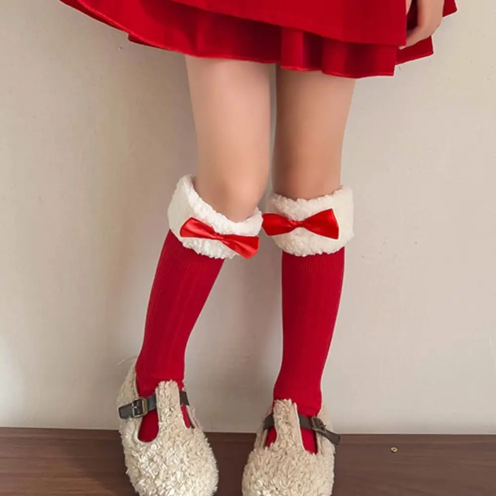 Medias femeninas creativas, calcetines rojos de Año Nuevo, calcetines rojos de algodón con lazo para niños, calcetines de suelo, calcetines gruesos de tubo medio, calcetines para el hogar