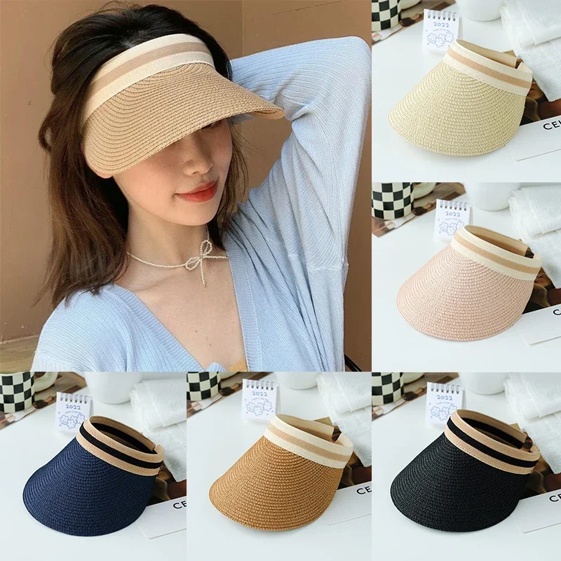 Anti-UV Beach Cap New Fashion Woman Sun Hats Female Outdoor Visor Beach Caps Brethable Empty Top Straw Cap Female Vacation