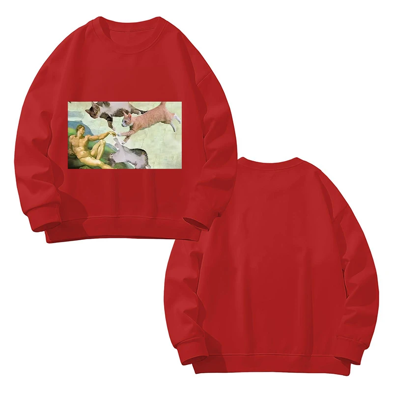 パーカー女性猫油絵プリント面白いグラフィックプルオーバースウェット長袖カジュアルレッドトップス原宿服 2025