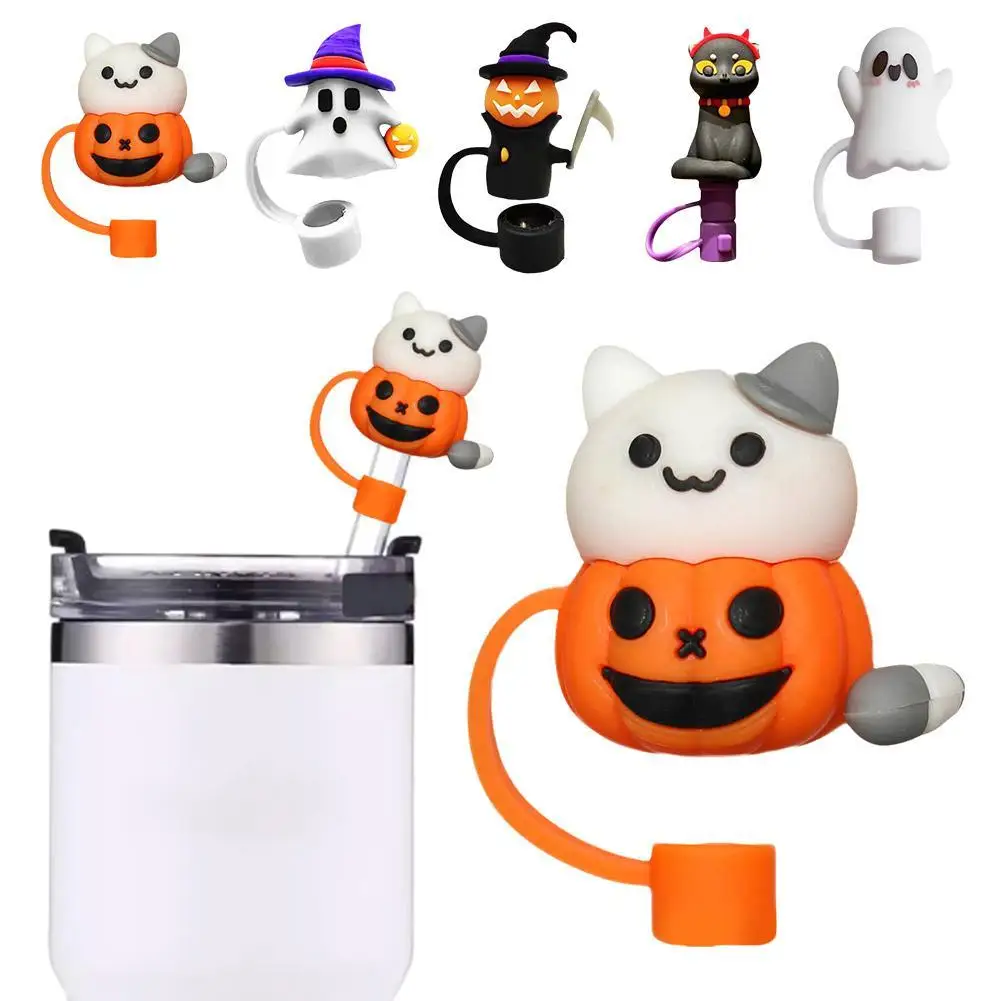 1/5pcs Cartoon Pumpkin Ghost Silicone Straw Covers For Stanley Cup Straw Tips Cover Halloween Party Cup Accessories