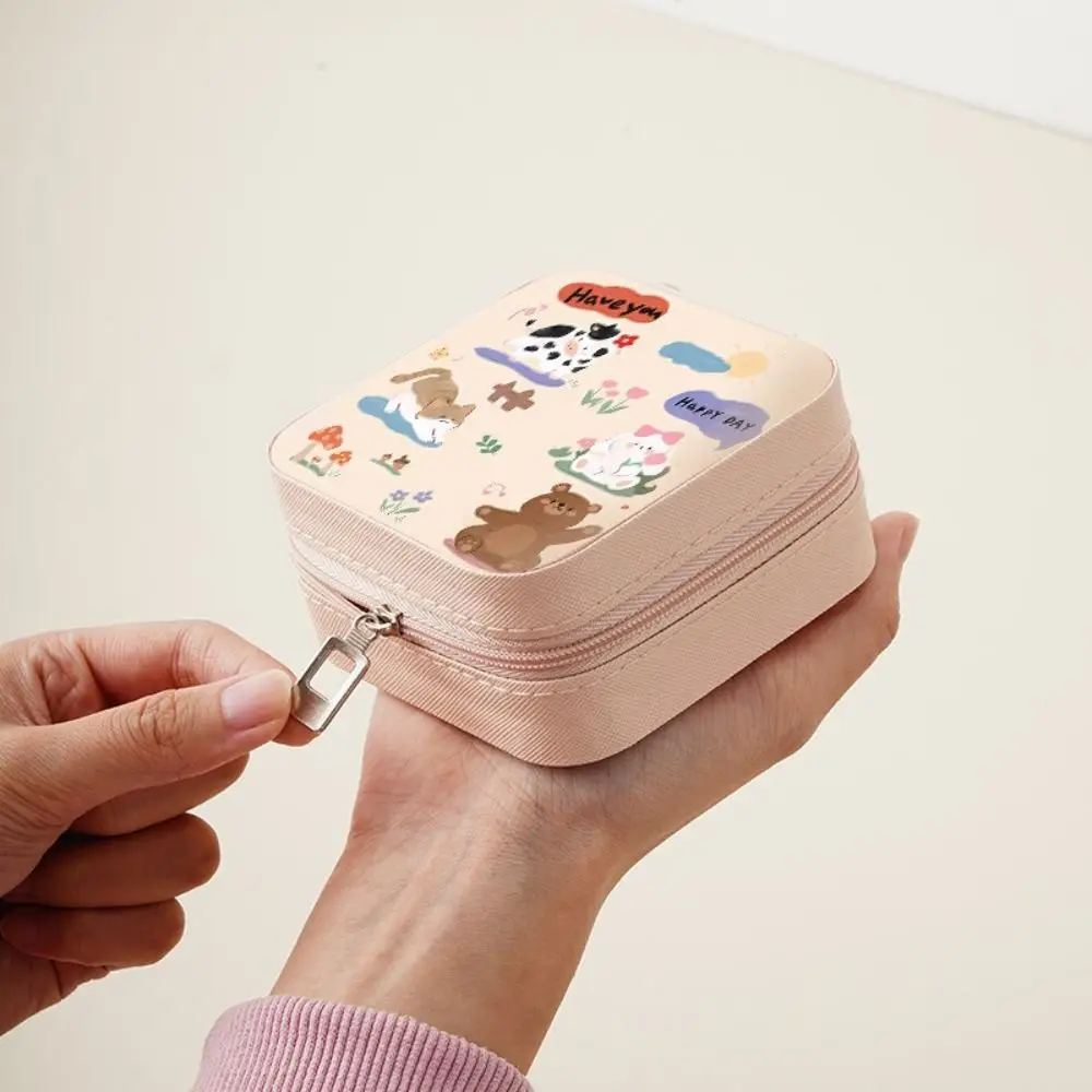 

Легкая кавайная мини-шкатулка для драгоценностей из искусственной кожи на молнии, ожерелье, кольцо, чехол с животным принтом, квадратный органайзер для сережек, путешествия