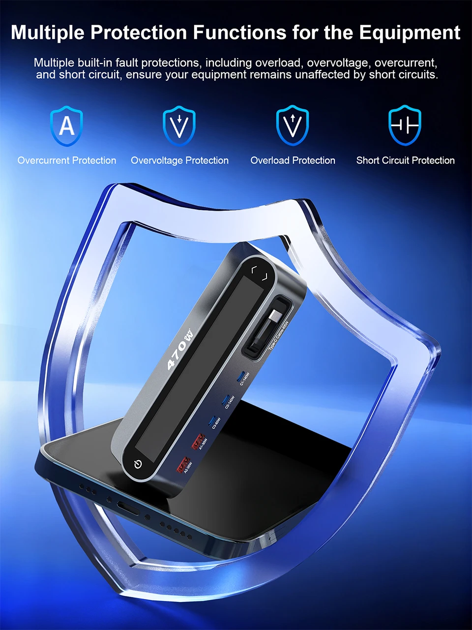470W GaN Fast Charger 140W PD3.1 PPS USB Type-C Digital Display Desktop Charging Station for iPhone 16/15 MacBook Laptops