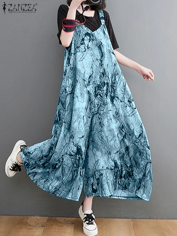 

ZANZEA 2025 Summer Women Fashion Printed Jumpsuit Sleeveless Cargo Overalls Holiday Korean Long Pant Playsuit Vintage Outfits