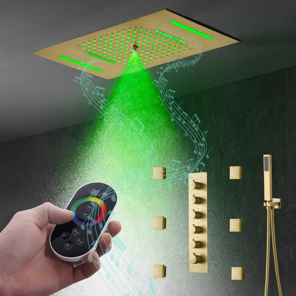 عمود دش بخاصية رش المياه على شكل شلال مع رشاش جانبي، نظام دش ثرموستاتي أسود مع إضاءة LED للحمام