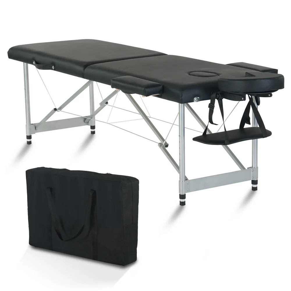 Beauty Massage Table Bed 2 Sections Folding Aluminum Foot 186x60x61CM Height Adjustable Versatile Portable Black[US-Stock]