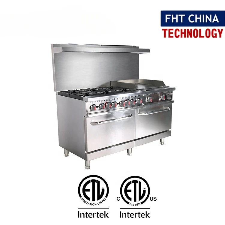 FHT-CHINA ETL เตาทำอาหารหลากหลายฟังก์ชั่นเปิดช่วงก๊าซเชิงพาณิชย์พร้อมแผ่นเหล็ก/เตาอบ/ซาลาแมนเดอร์