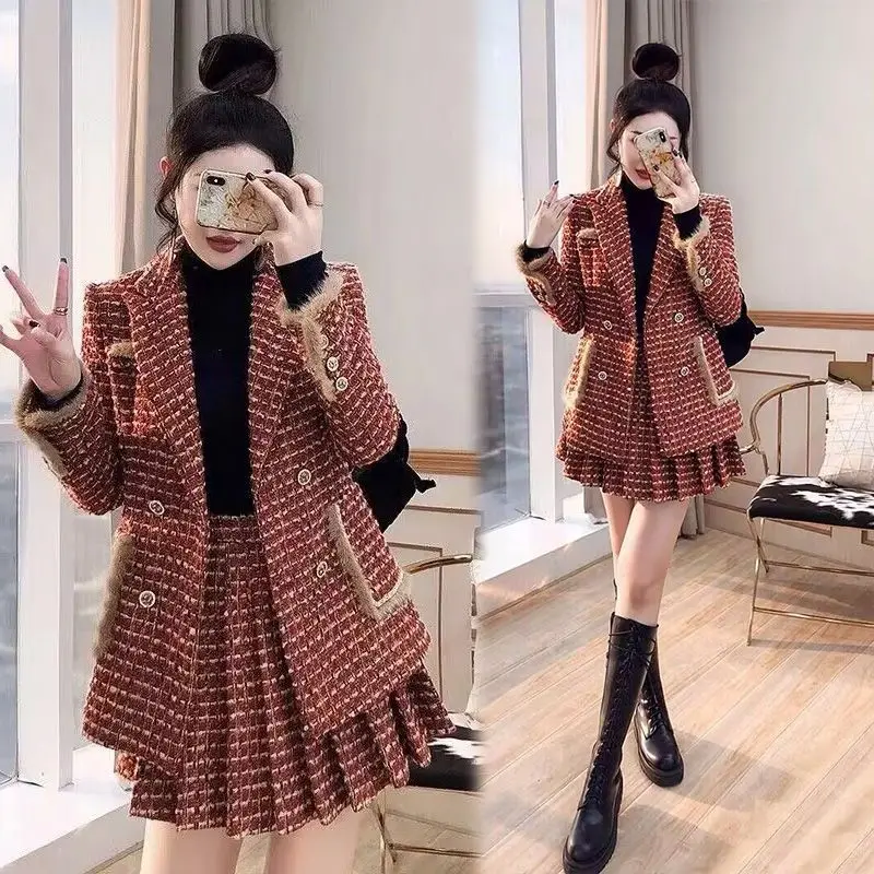 Xiaoxiangfeng autumn and winter new women's suit skirt suit plaid jacket+slim fit skirt two-piece set trendy