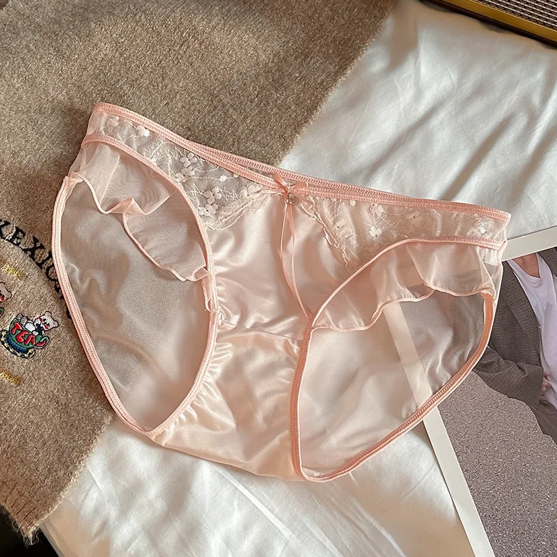 Biancheria intima trasparente in raso di maglia di pizzo sexy con bordo volant da donna Sottile traspirante Alta elasticità Mutandine senza cuciture a vita bassa Breifs