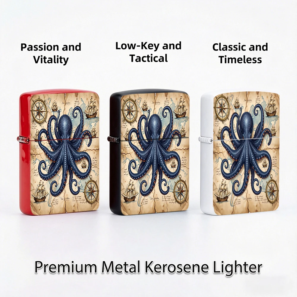 Vintage Flip Top Lighter lighters vintage Giant Octopus Old Nautical Map Compass Sail Ship Retro Ocean lighters for smokers