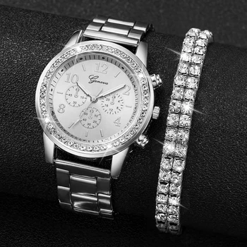 Reloj de cuarzo de color plateado de acero inoxidable para mujer a la moda con pulsera de diamantes