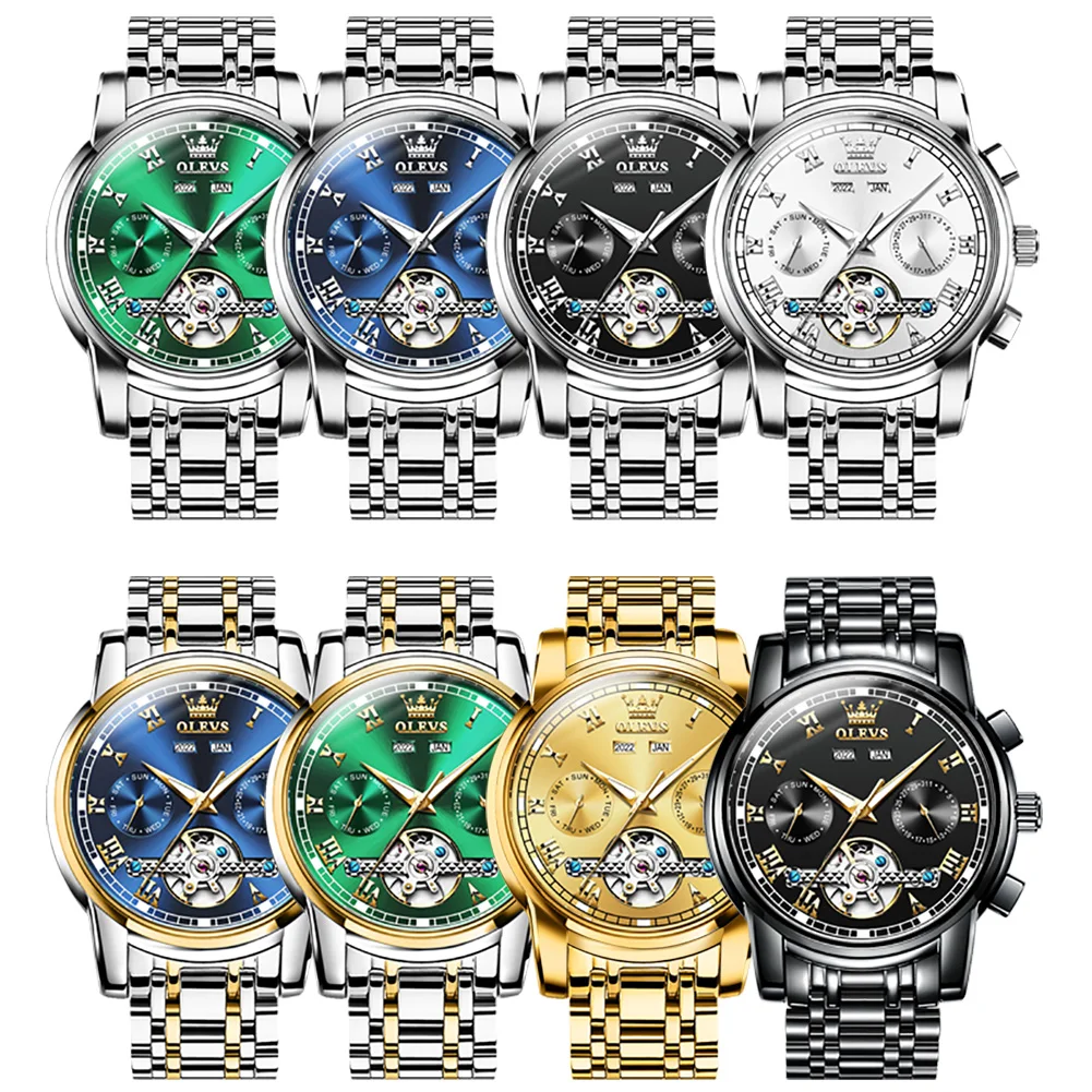 Original OLEVS Automatic Watch for Men Date Calendar Skeleton Hollow Stainless Steel Business Wristwatch Men Mechanical Watch