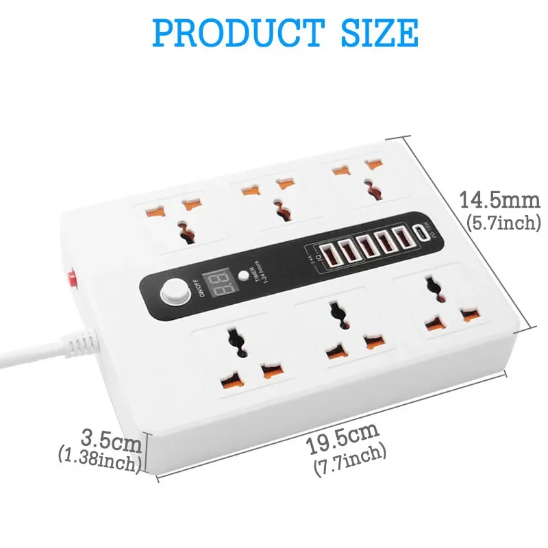 6 Ports USB QC3.0 Fast Charger Type-C/PD 18W Quick Charge Station Adapter 3000W 6 AC Outlets Power Strip