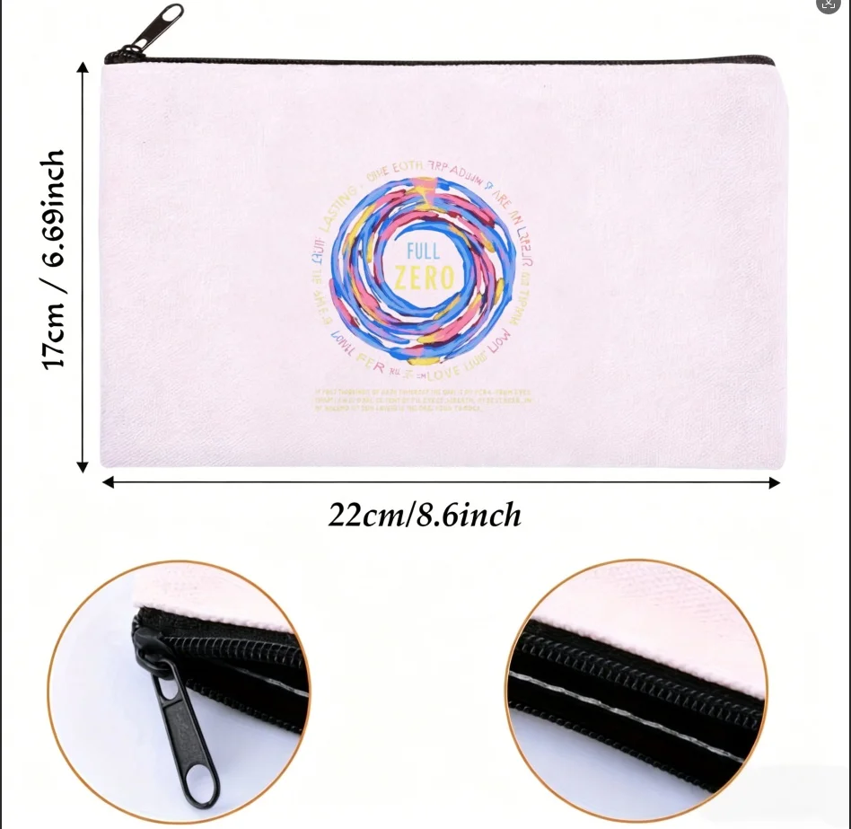1PC Full Zero Colorful Swirl Circular Text Print Canvas Cosmetic Bag Portable Zipper Makeup Storage Pouch Abstract Art Gift