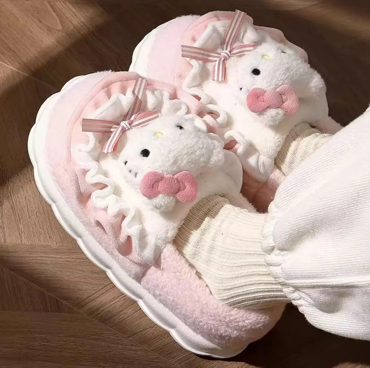 Miniso Hellokitty Cartoon Cute Slippers Women'S Autumn Winter Home Anti Slip Cinnamoroll Student Plush Cotton Shoes Thickened