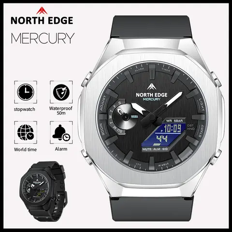 NORTH EDGE MERCURY 남성용 밀리터리 디지털 시계 스톱워치 방수 50M 스포츠 시계 월드 타임 LED 손목시계 남성용 시계
