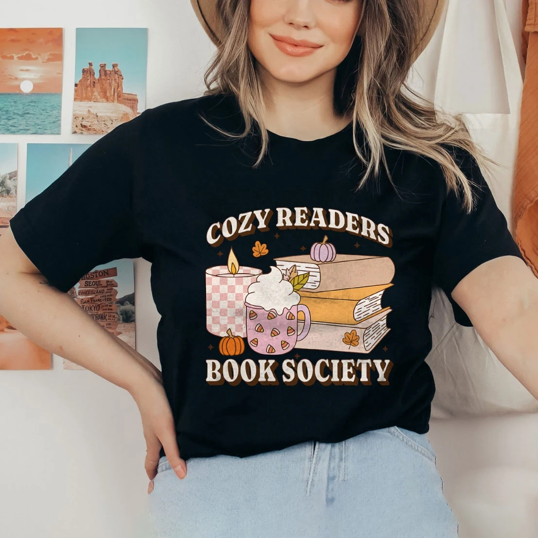 Bookish T-Shirt Cozy Readers Book Society Shirt Trendy Autumn Shirts Fall Vibes Top Book Lover Tshirt Women’s Graphic Clothes