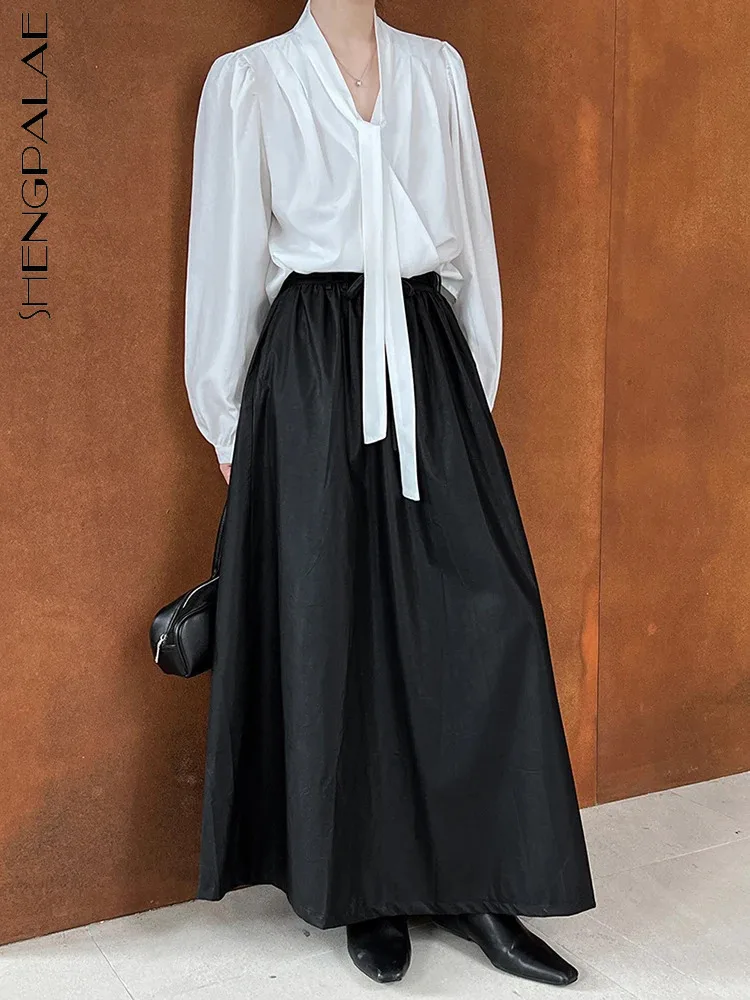 

SHENGPALAE PU Leather Skirt Women A Line Lace-up Solid Color Elegant Lady High Street Style New 2024 Female Clothing 5C1668