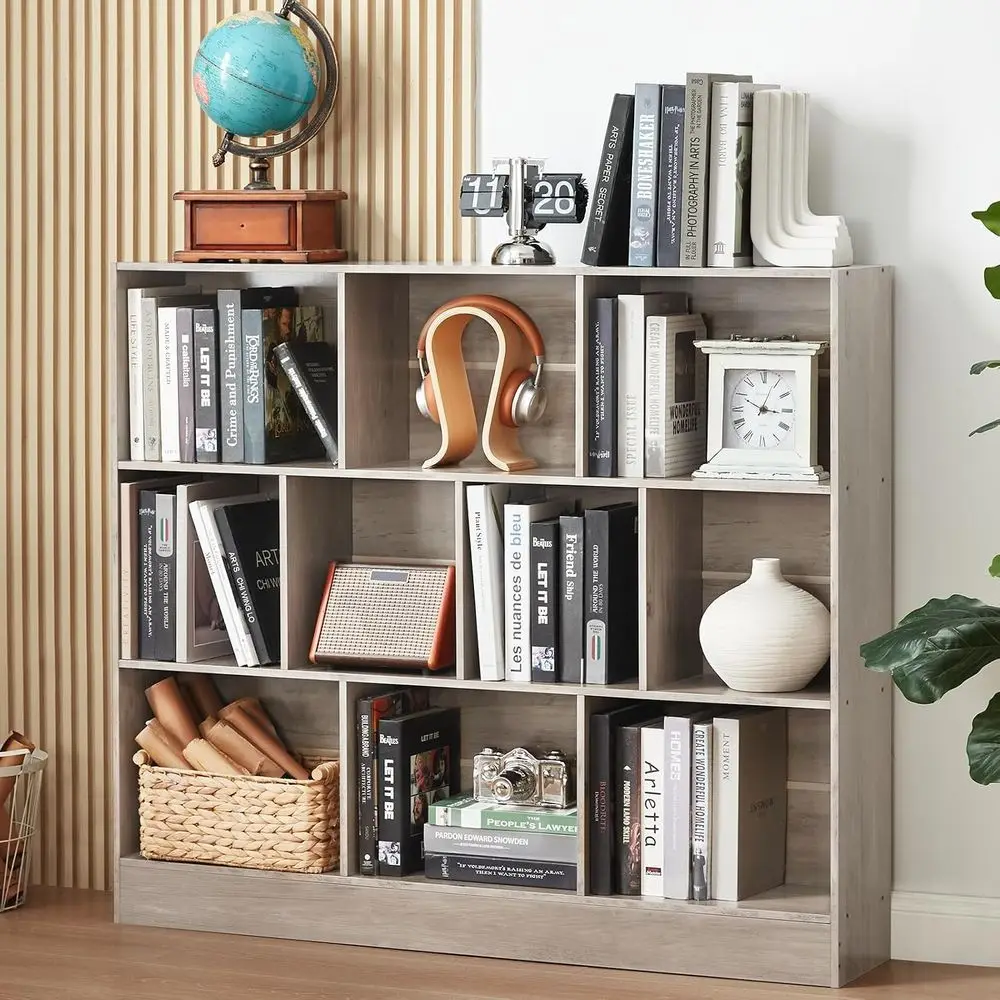 LEYAOYAO 10 Cube Bookshel with Base,3 Tier -Century ern Grey Bookcase,Standing Wide Bookshelves Storage Organizer Shel,Rustic Wo