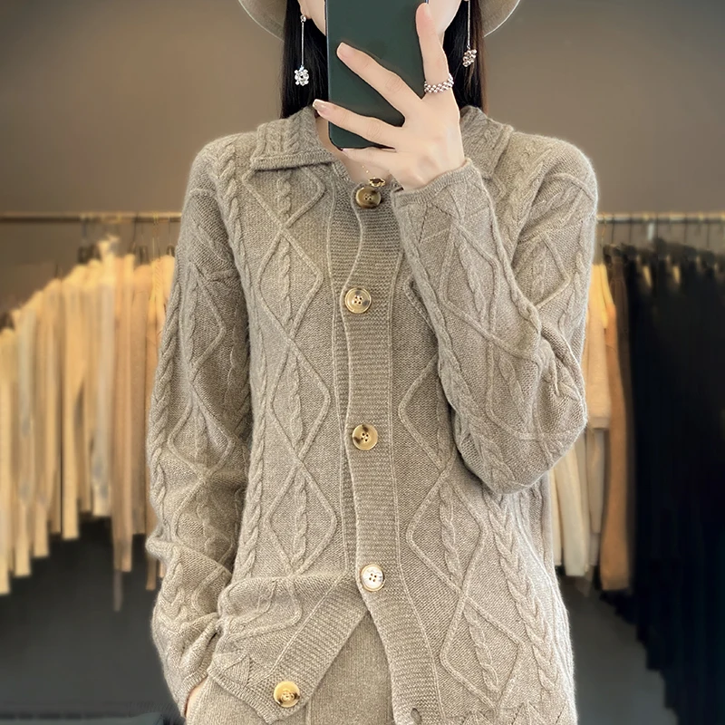 LDZWSM Casual Warm Lapel 100% Pure Wool Ladies Cardigan Sweater Hot Sale Long Sleeve Knit Jacket Women Cashmere Sweate