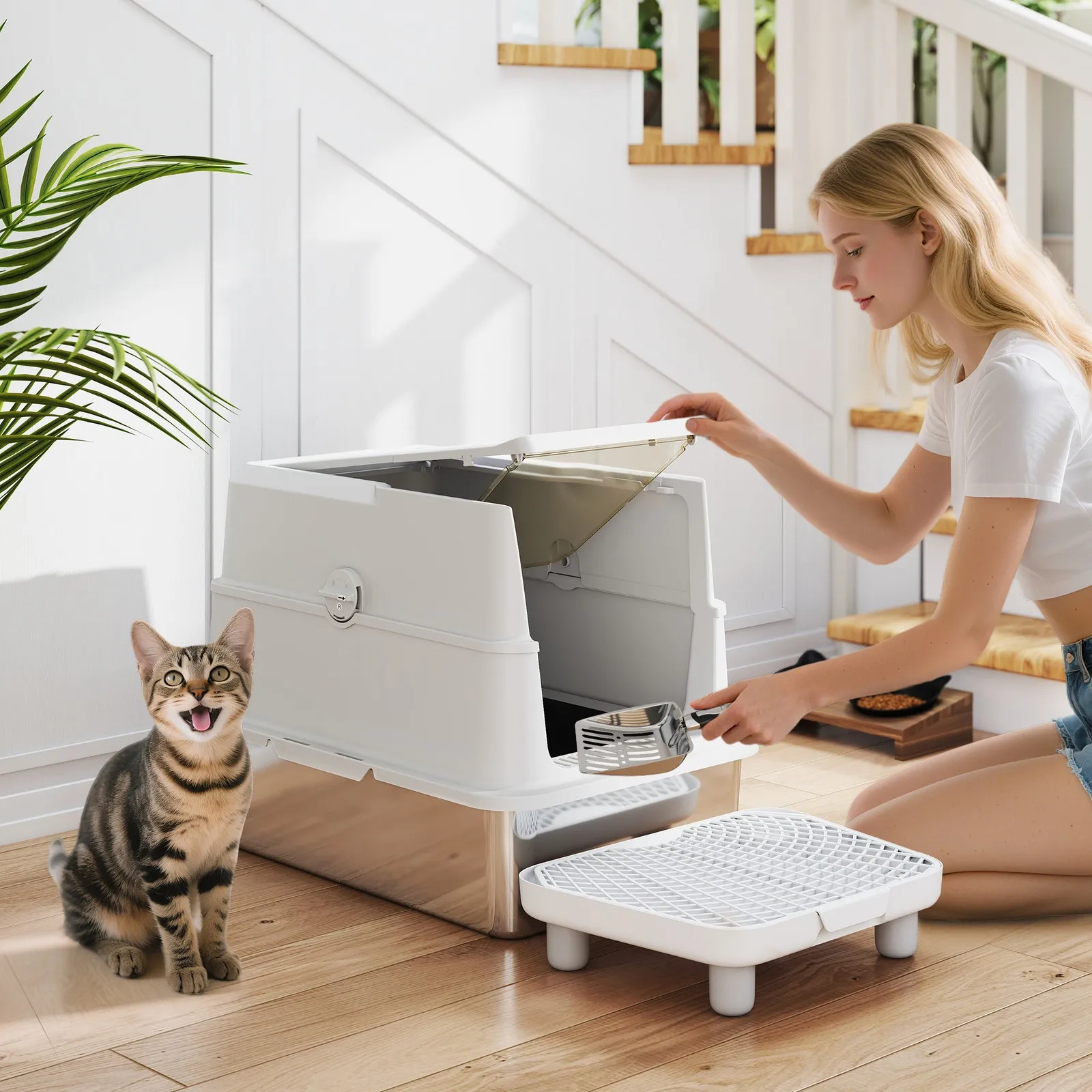 

XL-лоток для кошек из нержавеющей стали для крупных кошек с откидной крышкой