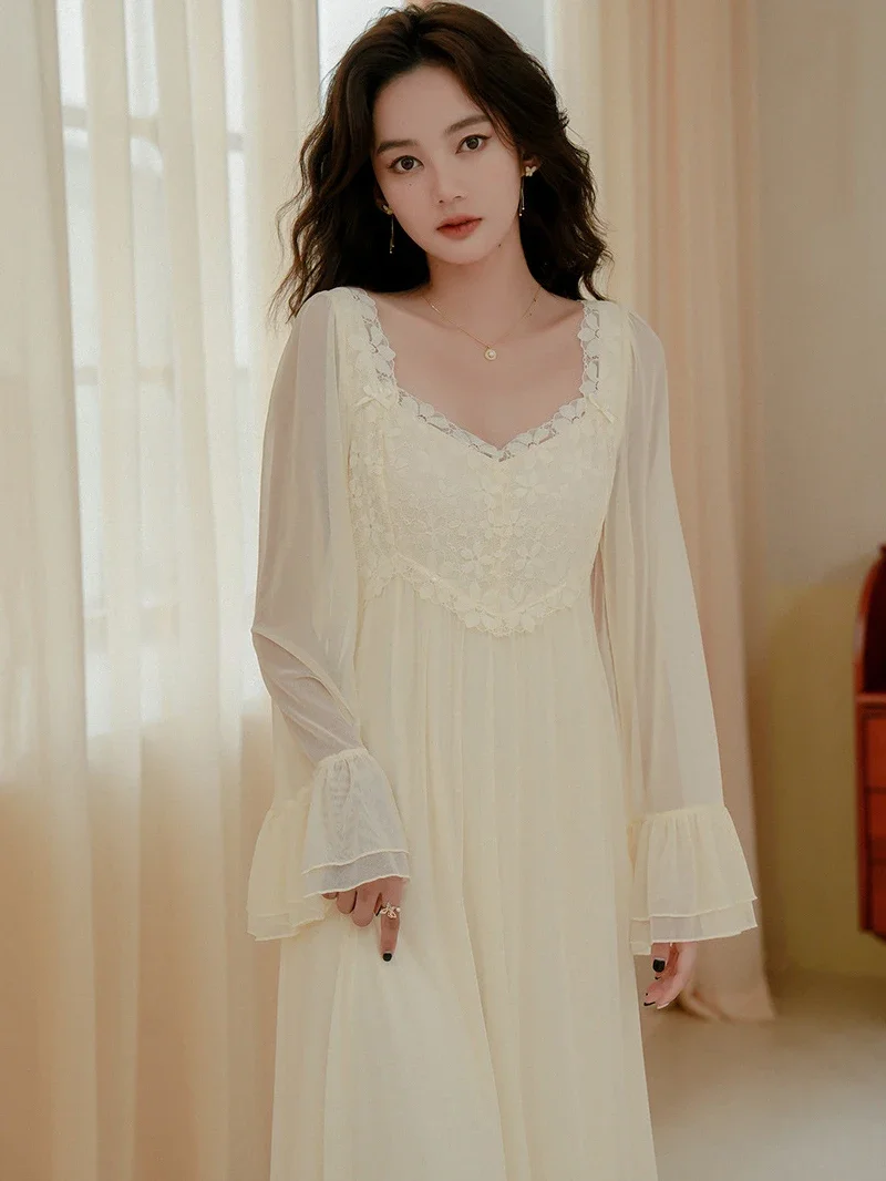 Women Summer French Sexy Pajama Night Dress Princess Sleepwear Vintage Sweet Fairy Mesh Long Home Dress Victorian Nightgowns