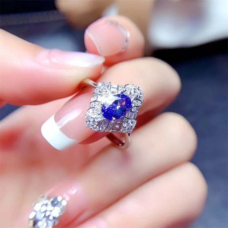 แหวนแต่งงาน Tanzanite สีเงิน925สำหรับสุภาพสตรีอัญมณีแท้พร้อมใบรับรอง