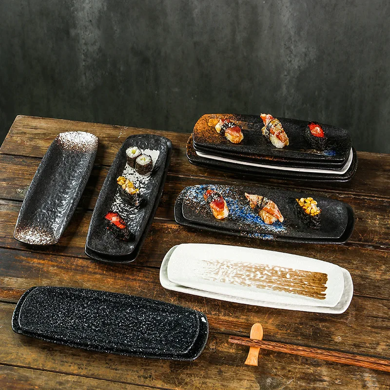 

Cross border Japanese style ceramic long plate rectangular plate folded Dim sum plate creative cuisine sushi sashimi