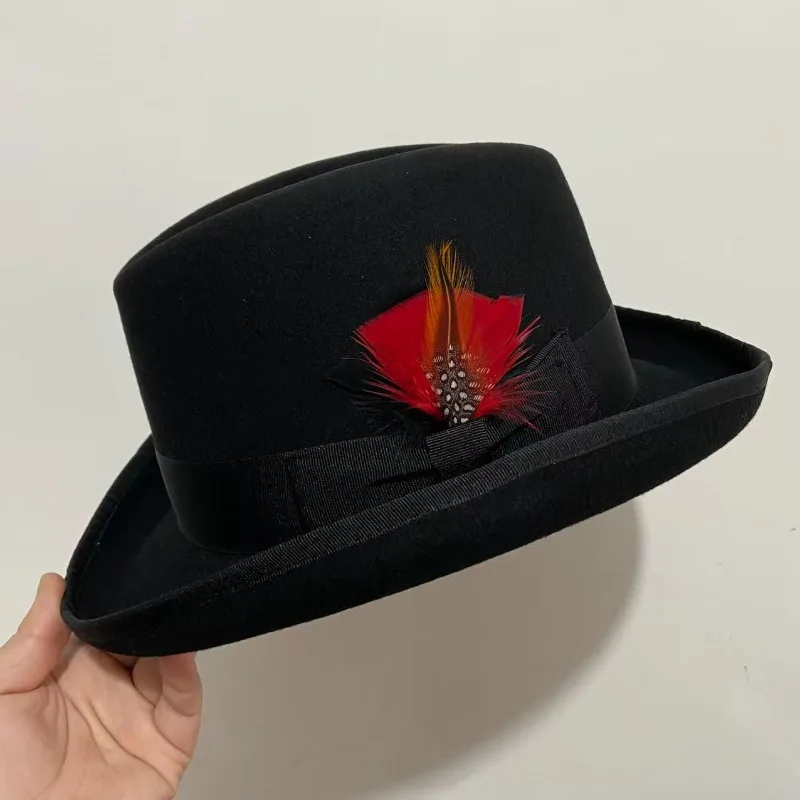 Vintage 100% Wool Homburg Fedora Hat for Men Classic British Godfather Jazz Cap with Feather Decoration Short Brim Felt Hat