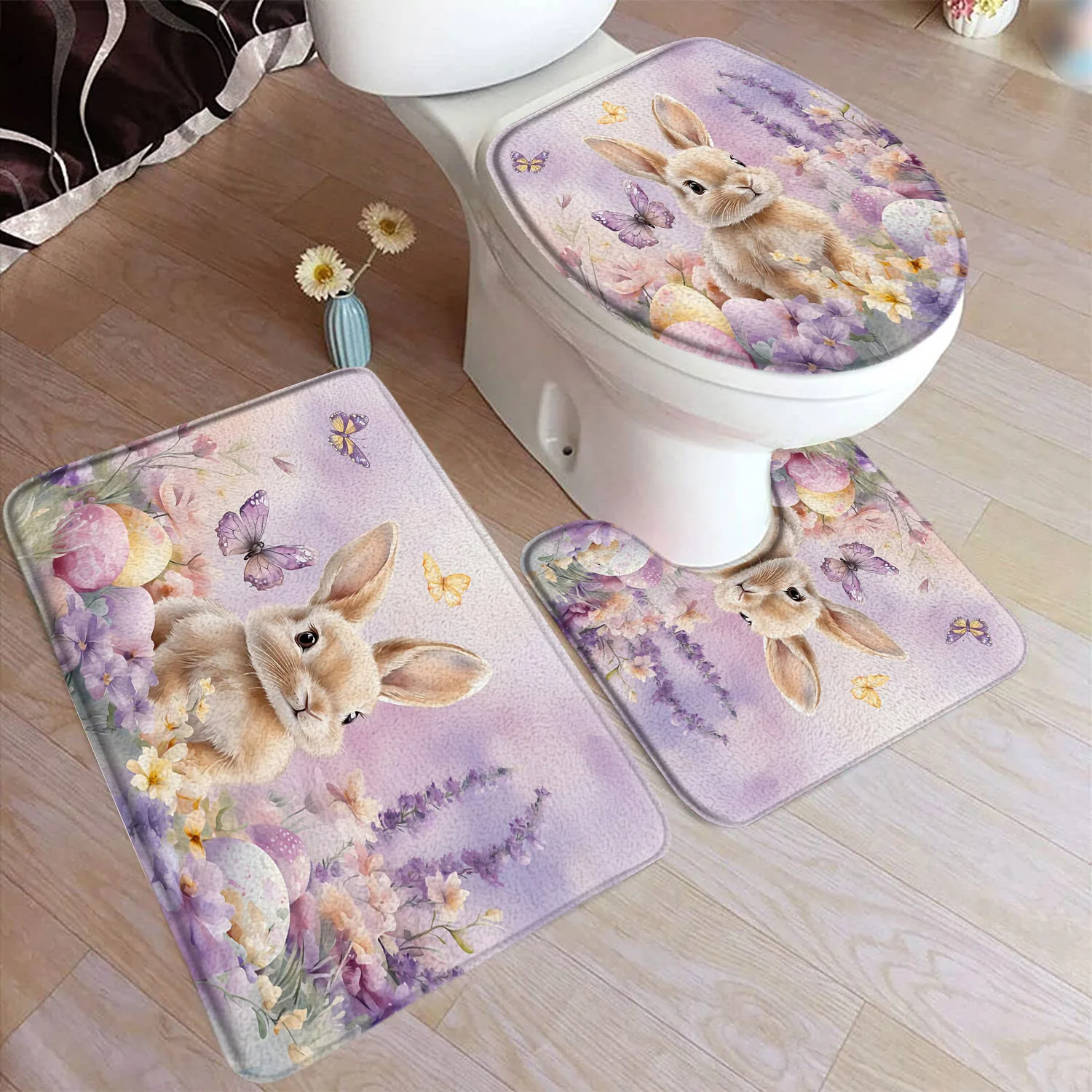 Cute Bunny Easter Bath Mat Set Purple Lavender Floral Butterfly Rabbit Eggs Home Bathroom Decoration Non Slip Rugs Toilet Cover