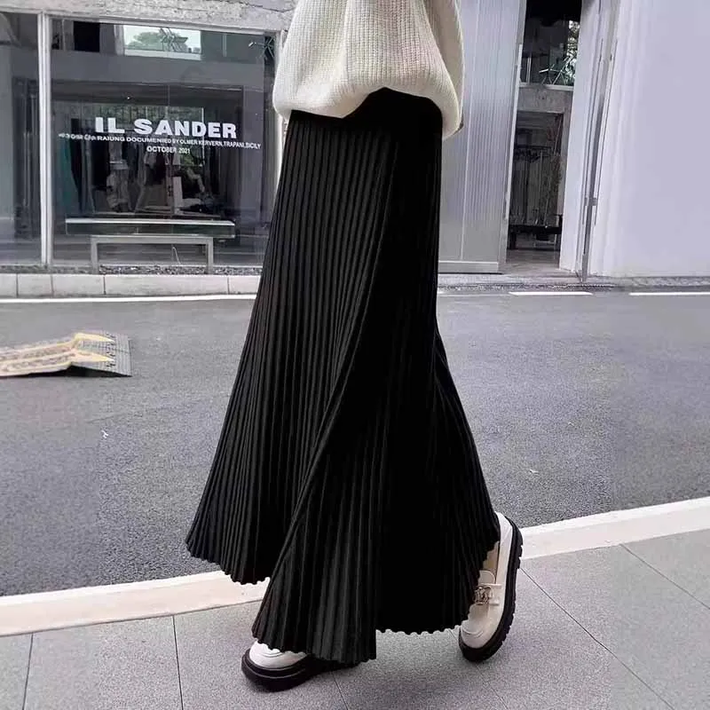 women gray Striped Knitted Skirts Elastic Waist All-Match Temperament Maxi Skirt Woman autumn winter Solid Simple A-Line Skirts