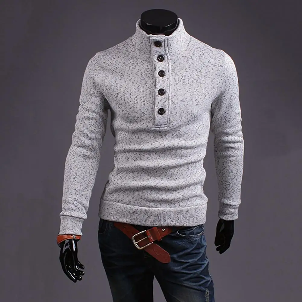 

Men Long Sleeve Sweater Stylish Men's High Collar Sweater with Button Detail Slim Fit Thick Warm Fabric for Fall Winter Solid