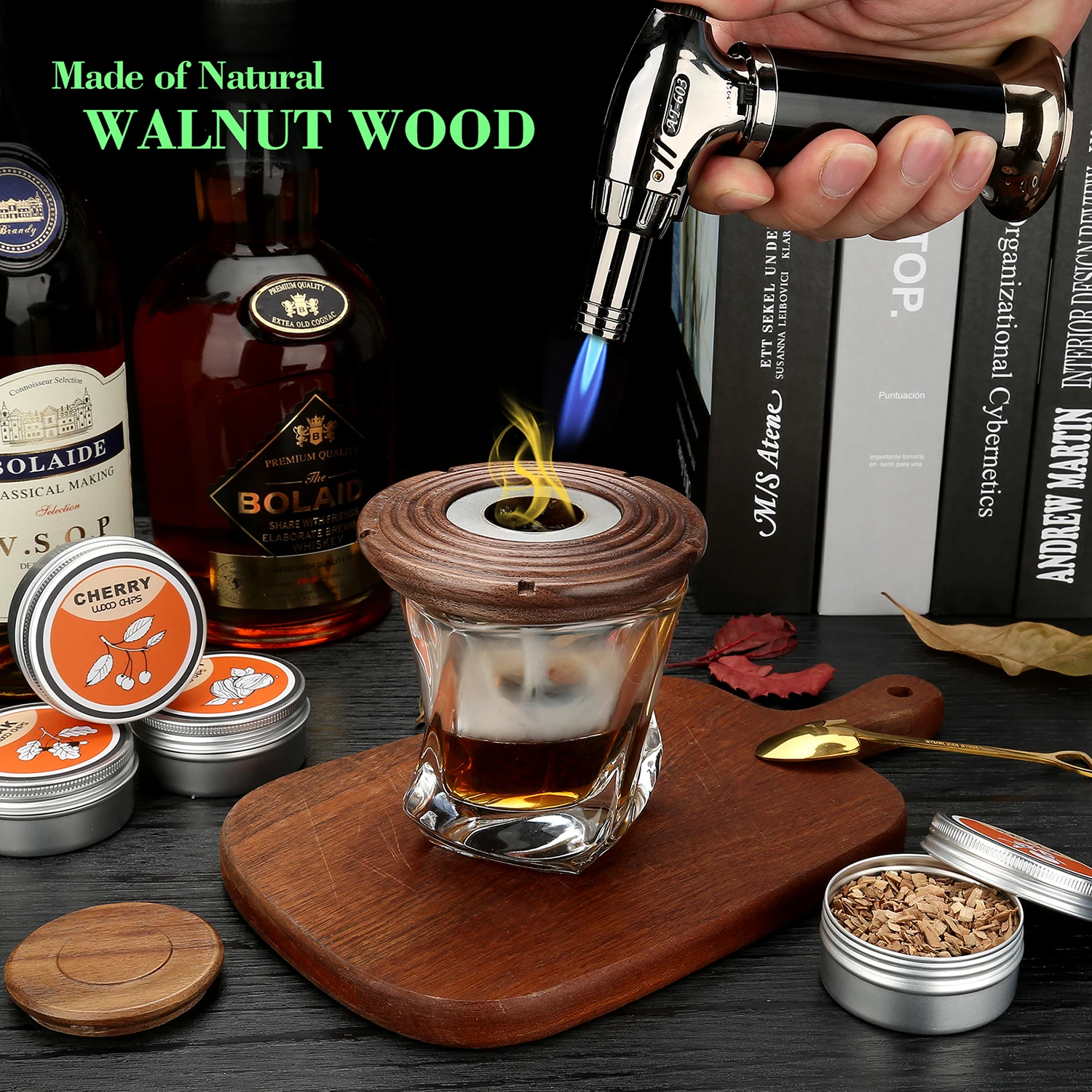 Cocktail Smoker Kit With Torch 4 Wood Chips Whiskey Stones Spoon Ice Tong Smoker Accessories Without Butane For Bartender