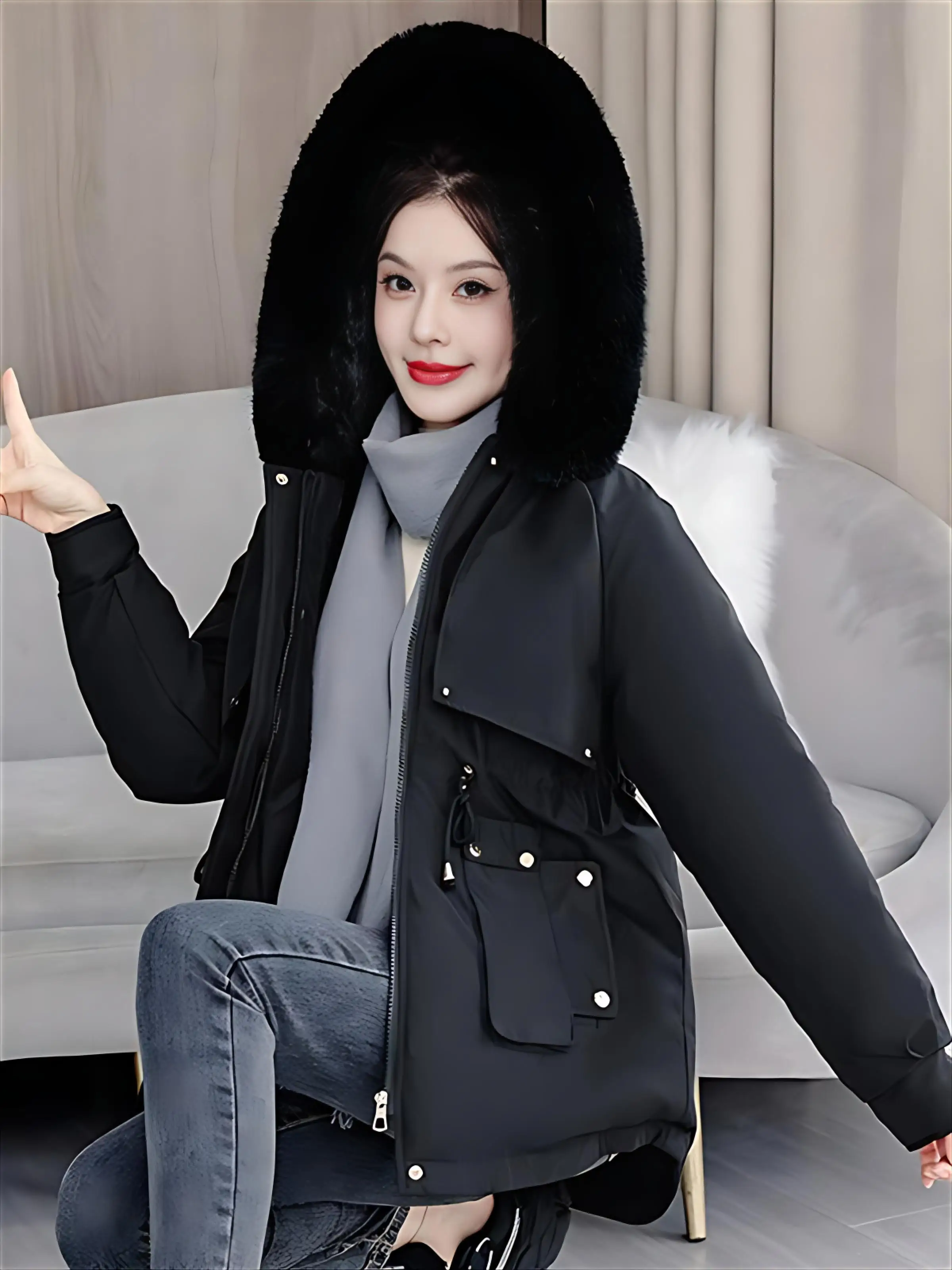 

Parkas Puff Women Womens Winter Clothing Padded Fabric Mid-Aged Drawcord Lined Heart Nylon Warm-Keeping Stand-Collar Feminine OL