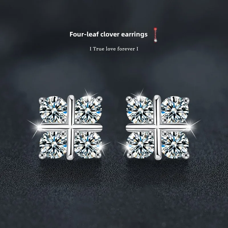 

4-Leaf Clover Design 925 Sterling Silver Gold-Plated Moissanite Stud Earrings 0.40ct Simple Luxurious Jewelry