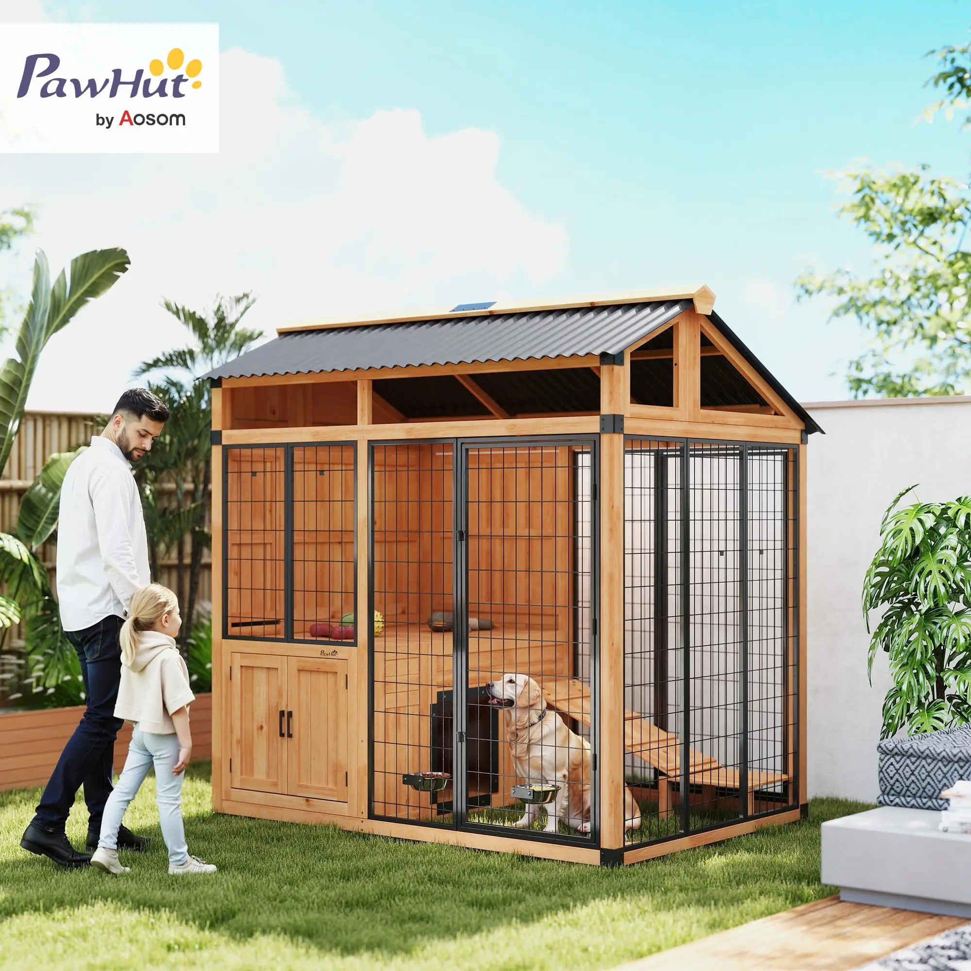 7' x 5' Extra Large Outdoor Dog Kennel Walk-in Wood Dog House Yellow