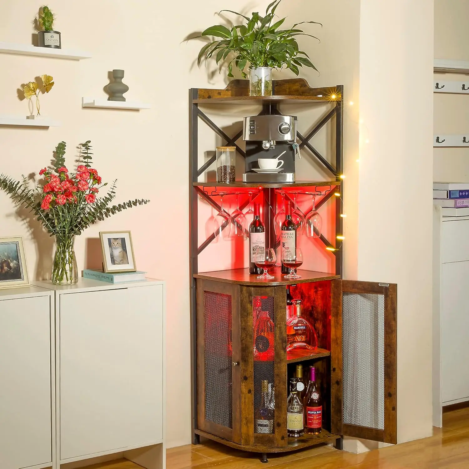 Corner Bar Cabinet with LED Lights, 5-Tier Industrial Wine Bar Cabinet with Glass Holder, Farmhouse Liquor Cabinet with