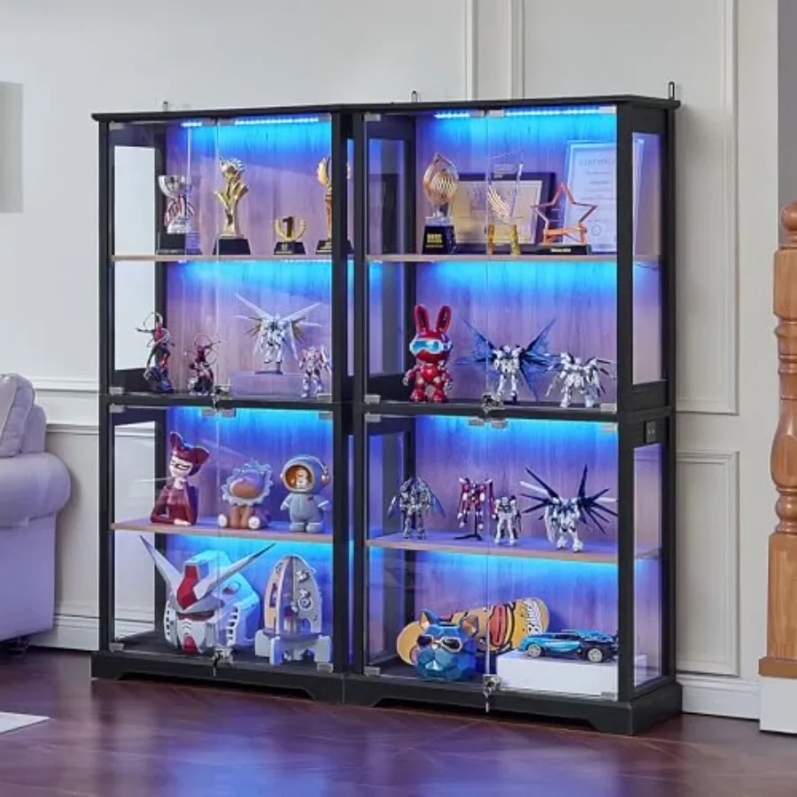Farmhouse Glass Display Cabinet with Lock for living room, tempered glass and wood, white, secure locking mechanism