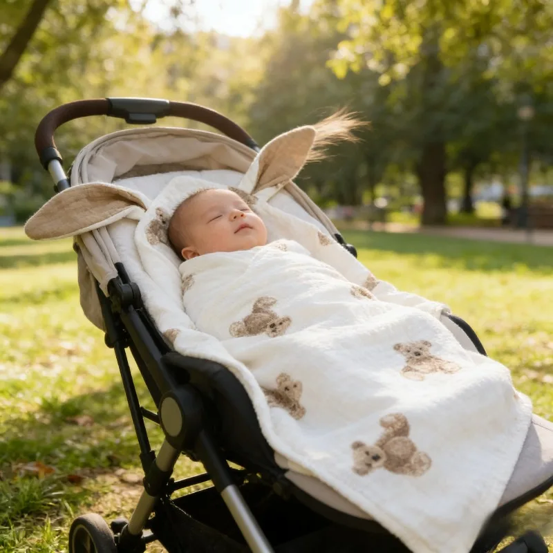 

New Baby Print Blanket Rabbit Ears Cotton Muslin Swaddle Double Layer Design Pacifier Cloth Drool Bib