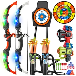 VATOS 2X arco flecha + pistolas juguete para niños, luz LED, tiro con arco con soporte de ventosa, tablero de dardos objetivo, juego para interiores y exteriores