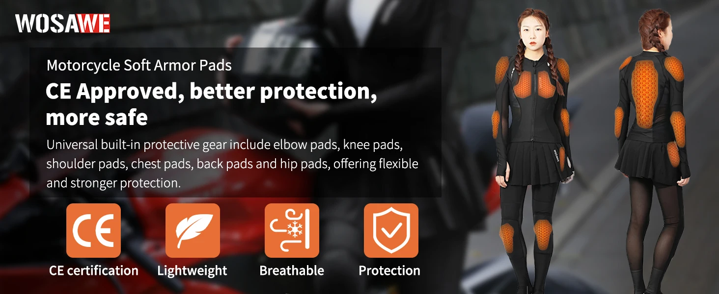 WOSAWE Motorrad-Schutzkleidung CE-Zertifizierte Jacke mit Rückenprotektor, Brust-, Knie-, Schulter- und Ellbogenschutz CE-Zertifiziert – Detail 1