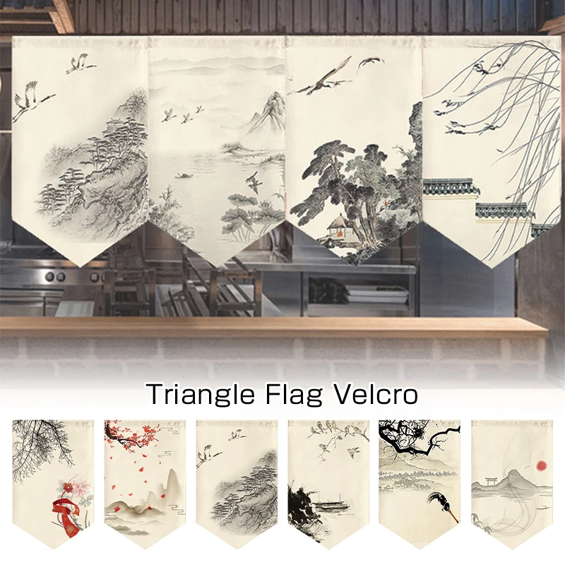 Chinese Ink Style Short Door Curtain Mountain Lake Landscape Painting Half Curtain Kitchen Noren Sushi Restaurant Triangle Flag