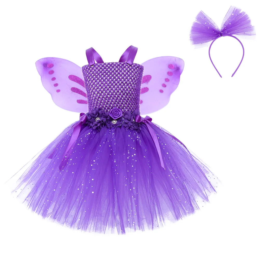 Sparkly Purple Fairy Tutu Dress with Wings Princess Magic Butterfly Dress Up Fantasy Costume Baby Kids Birthday Party Dresses