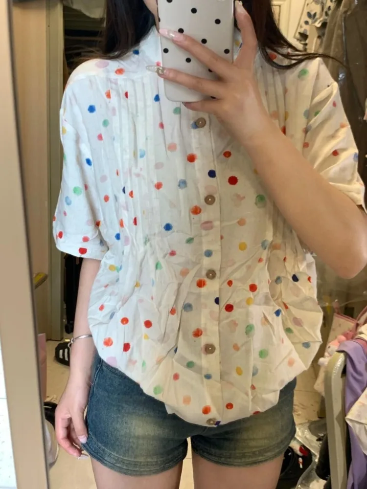 Japanese 2024 Colored Dot Loose Women Blouse Vintage Single Breasted Y2k Aesthetic Shirt Harajuku Grunge Turn Down Collar Blusas