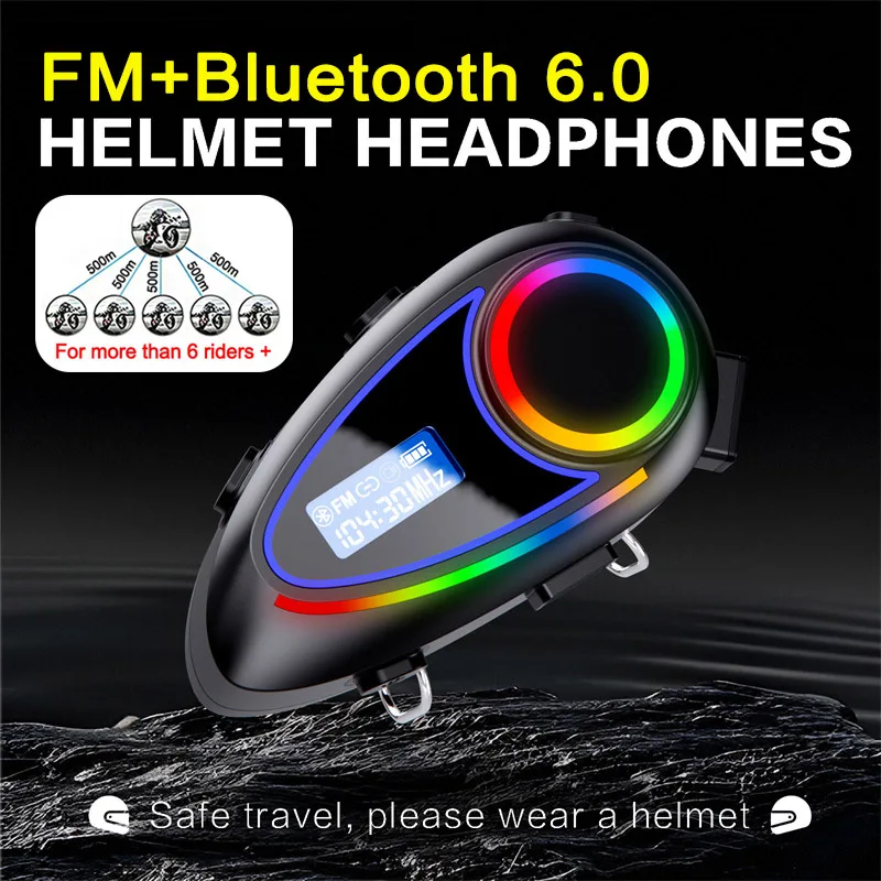 

500 м полудуплексная гарнитура для мотоциклетного шлема, домофонная гарнитура FM + Bluetooth 6,0, музыкальный домофон, водонепроницаемые наушники с голосовым помощником