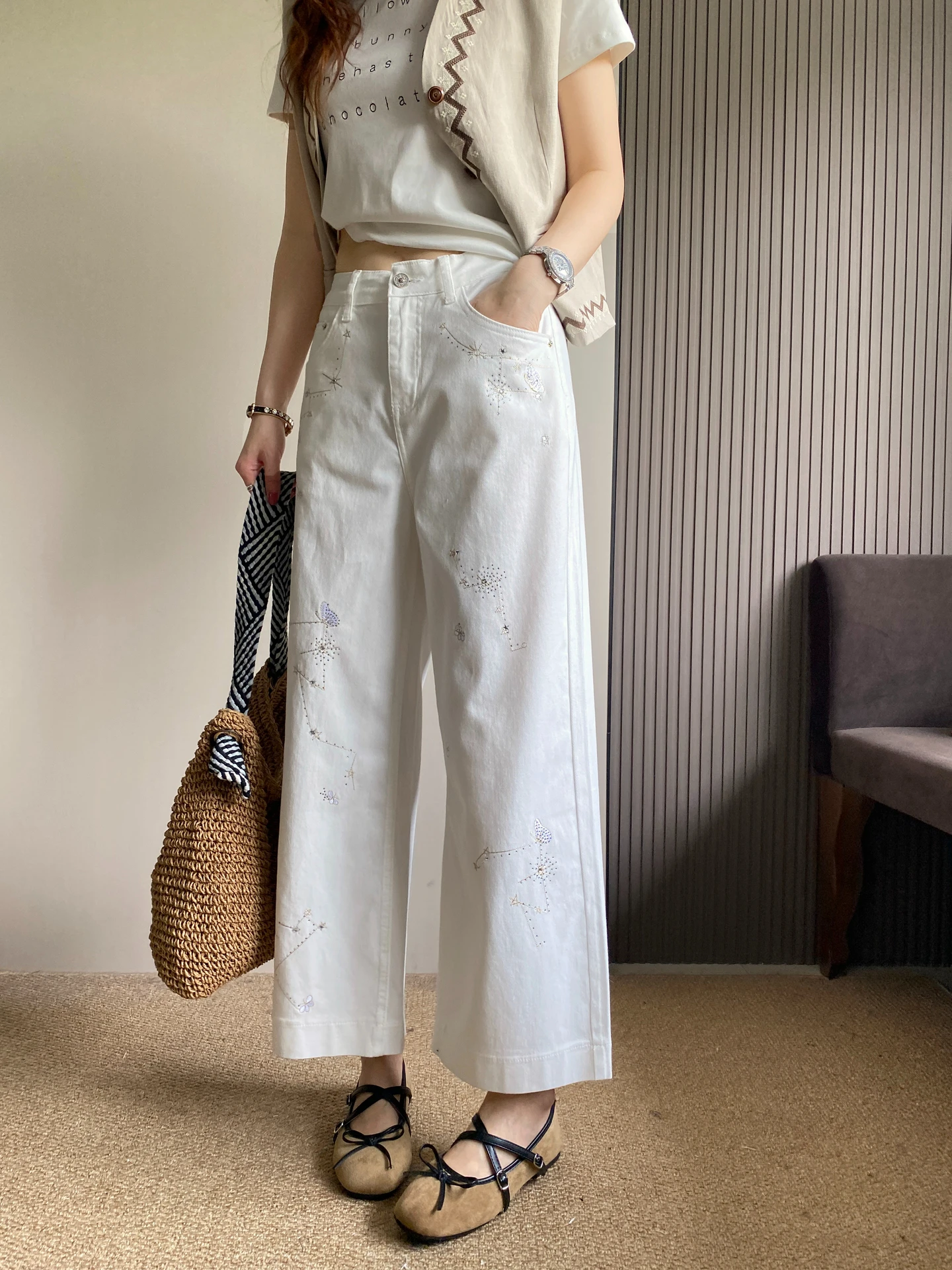 

High Waist Loose Fit Embroidered Wide Leg Jeans Women's Spring Summer New Style Slimming Nine-Piece Straight Cut Trousers