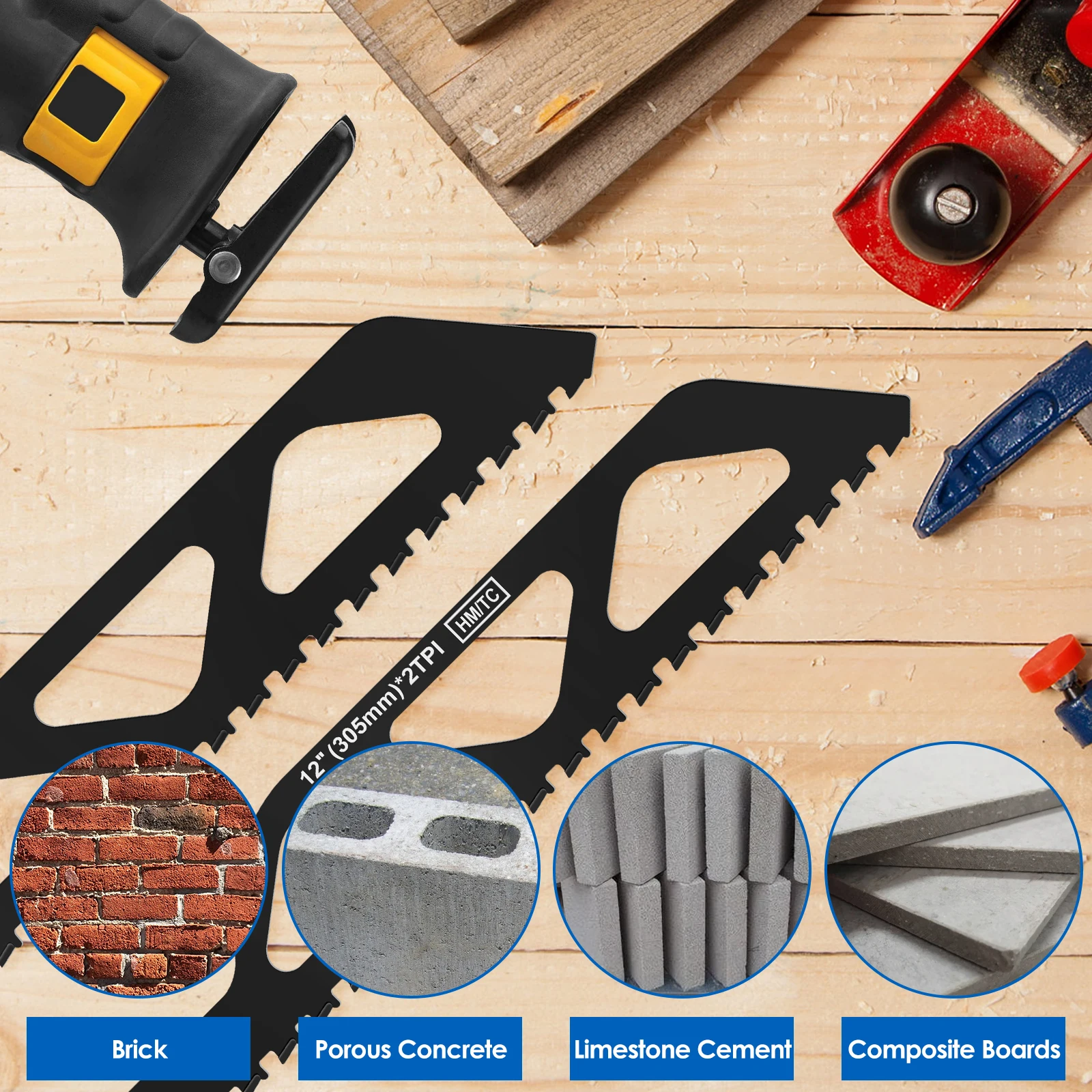2Pcs Reciprocating Saw Blade Set 12/18inch Carbide Cutting Recip Sabre Saw Blade Demolition Masonry Saw Blade 2TPI for Drywall