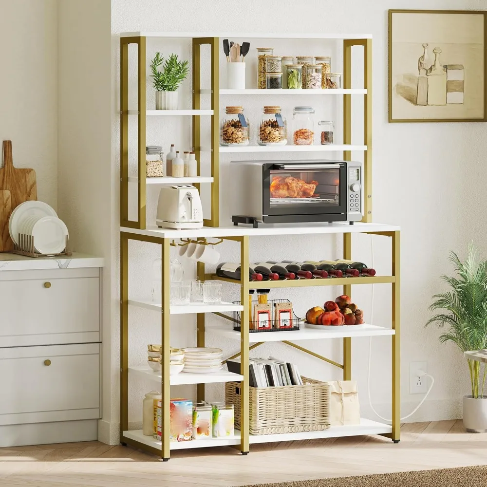 

Kitchen Microwave Stand Bakers Rack Coffee Bar with Power Outlet, 39 Inch Large Freestanding Tall Dining Room Storage Shelves f